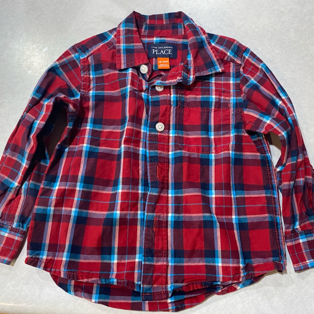 Children's Place Boys Red And Blue Plaid Button Down